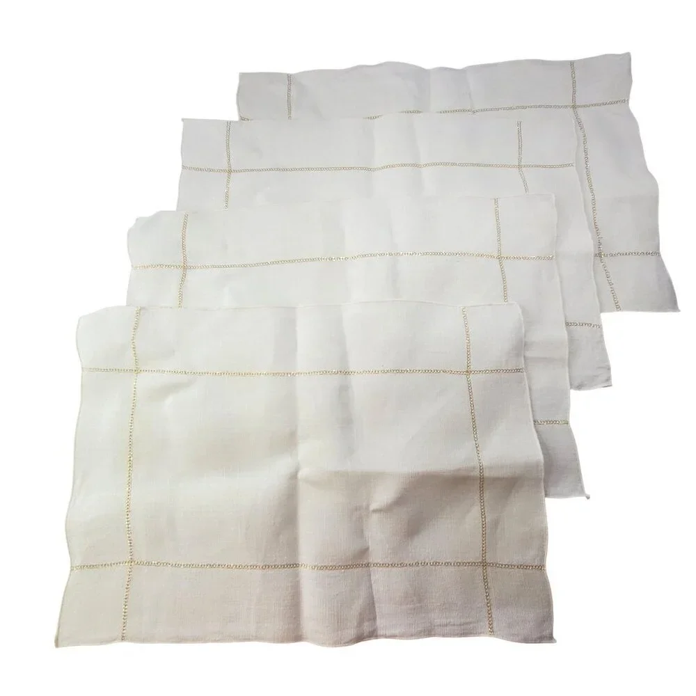 4 Vintage Ivory Cutwork Linen Napkins Placemat Gold Embroidered Border 16.5